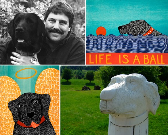 Stephen Huneck with Lab, Woodcuts and Post