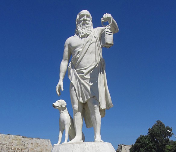 Diogenes statue, with lantern and dog
